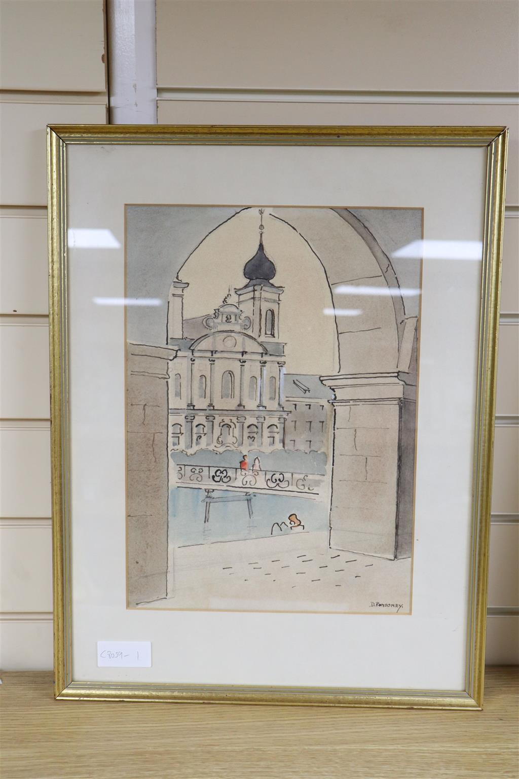 D Ponsonby, ink and watercolour, Hippy in Lucerne, signed, 37 x 26cm